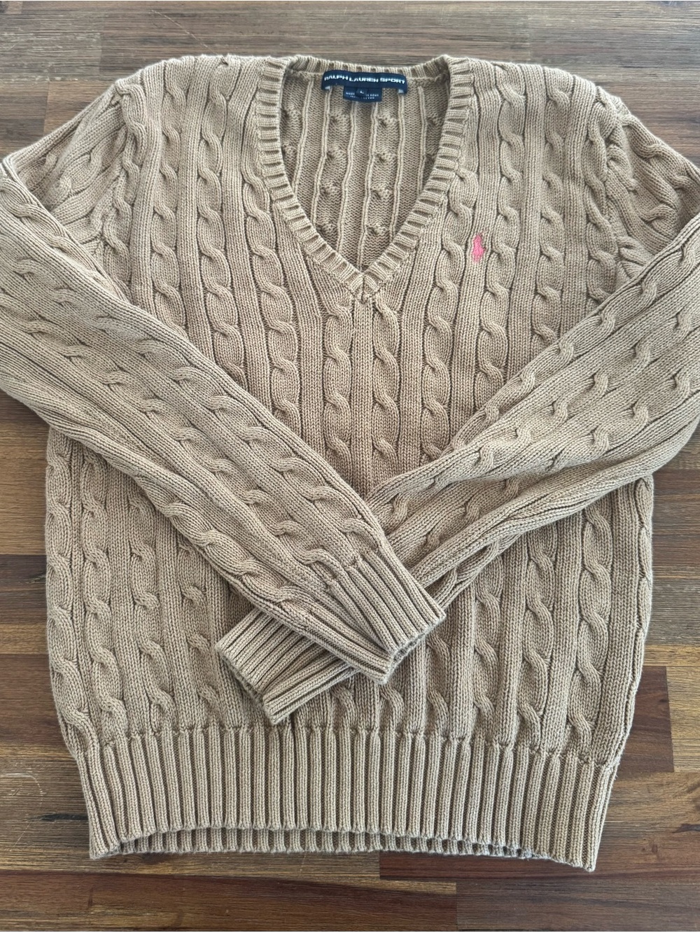 Vintage Ralph Lauren Sport Cable Knit V-Neck Sweater Tan Pink Pony L